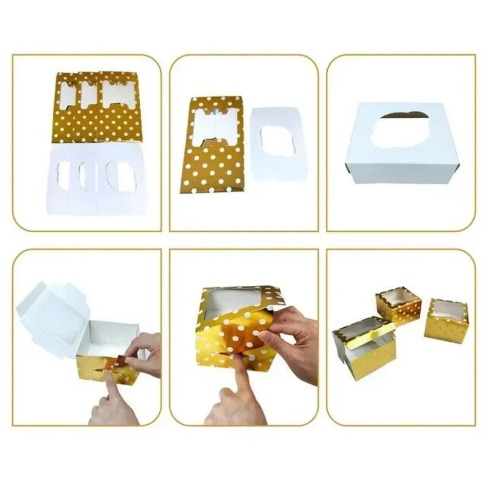 Celebrate Treat Boxes with Window & Cupcake Insert Gold White Polka Dots 3ct ea